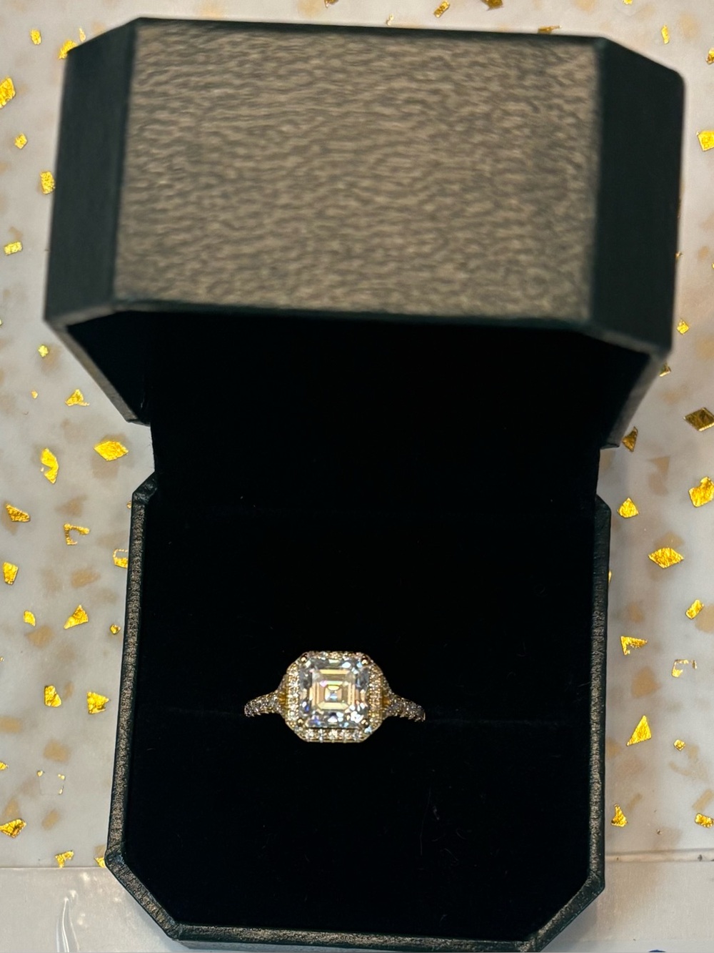 Gold Halo Asscher-Cut Engagement Ring with Pavé Band - Gold